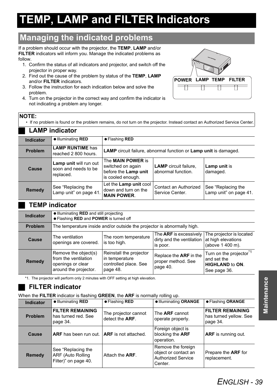 Temp, lamp and filter indicators, Managing the indicated problems, Nglish - 39 | Maintenance | Panasonic FW100NTU User Manual | Page 39 / 62