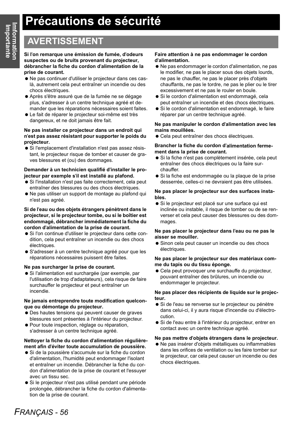 Précautions de sécurité, Avertissement, Rançais - 56 | Imformation importante | Panasonic FW100NTU User Manual | Page 56 / 62