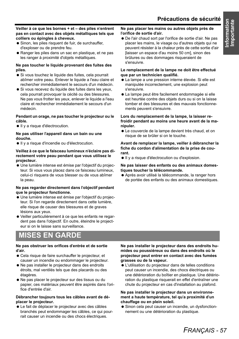 Mises en garde, Rançais - 57, Précautions de sécurité | Information importante | Panasonic FW100NTU User Manual | Page 57 / 62