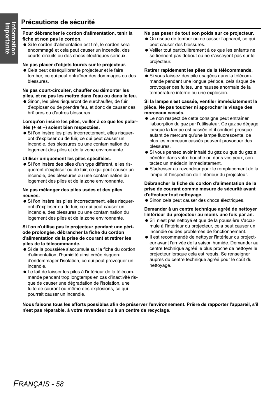 Rançais - 58, Précautions de sécurité, Information importante | Panasonic FW100NTU User Manual | Page 58 / 62