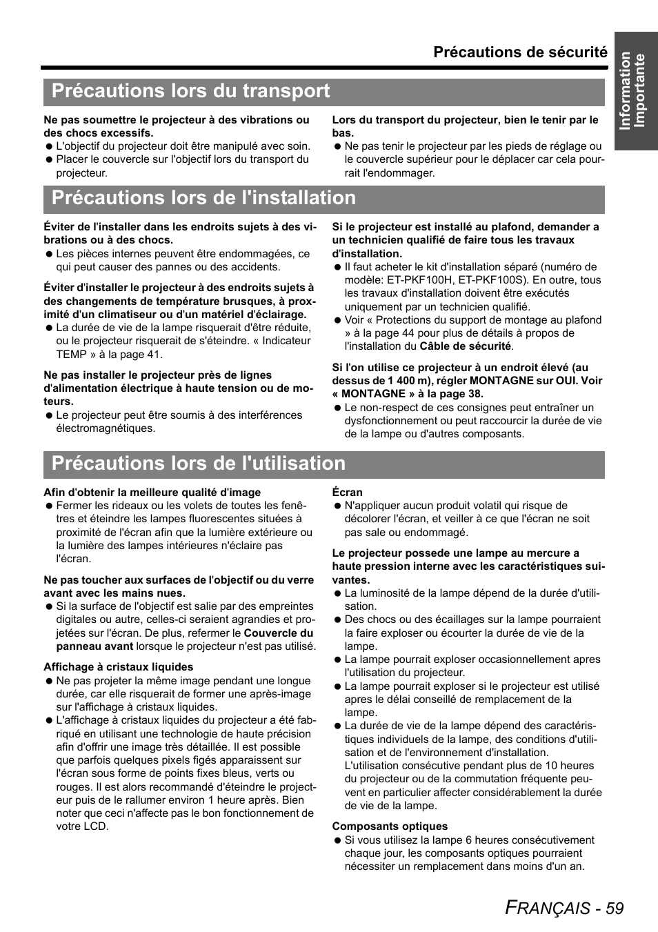 Précautions lors du transport, Précautions lors de l'installation, Précautions lors de l'utilisation | Rançais - 59, Précautions de sécurité | Panasonic FW100NTU User Manual | Page 59 / 62