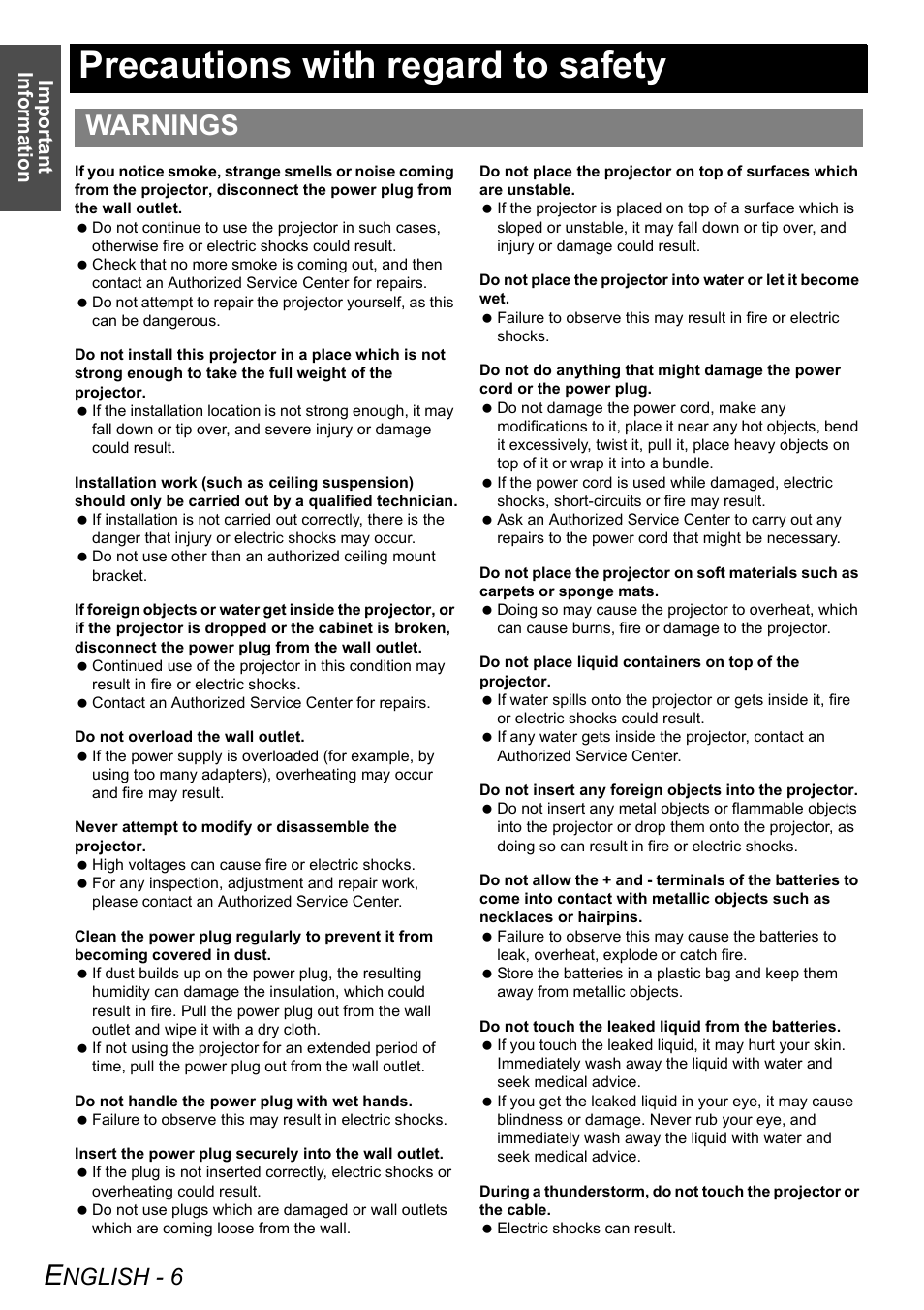 Precautions with regard to safety, Warnings, Nglish - 6 | Important information | Panasonic FW100NTU User Manual | Page 6 / 62