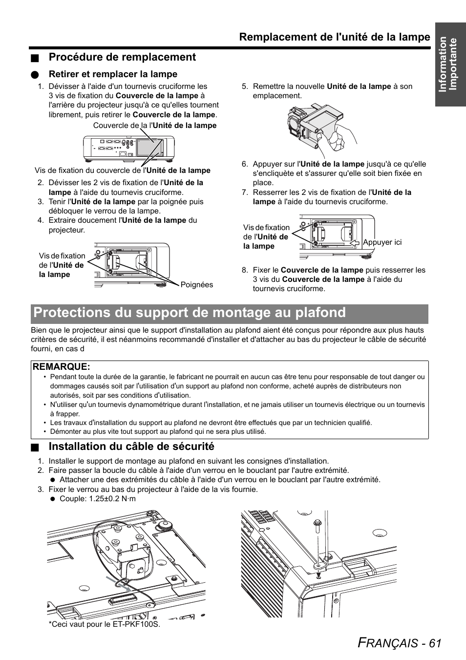 Protections du support de montage au plafond, Rançais - 61, Remplacement de l'unité de la lampe | Procédure de remplacement, Installation du câble de sécurité, Information importante | Panasonic FW100NTU User Manual | Page 61 / 62