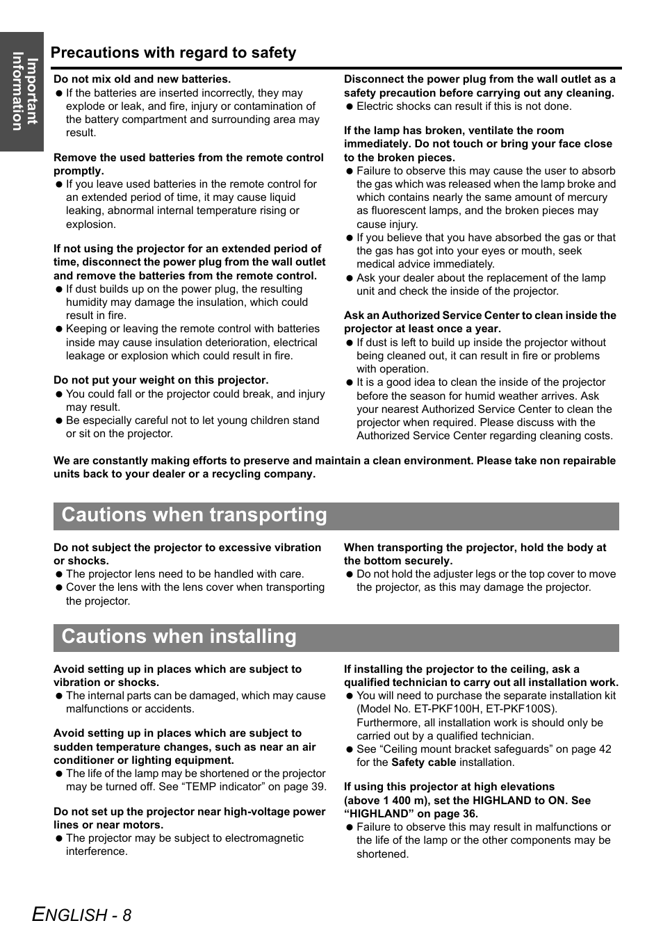 Cautions when transporting, Cautions when installing, Nglish - 8 | Precautions with regard to safety, Important information | Panasonic FW100NTU User Manual | Page 8 / 62