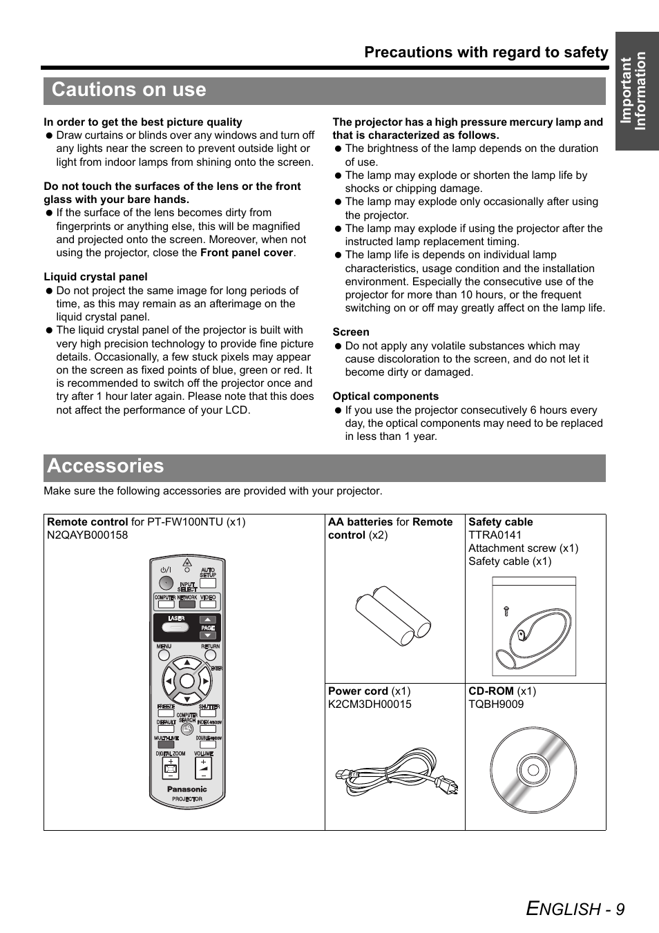 Cautions on use, Accessories, Cautions on use accessories | Nglish - 9, Precautions with regard to safety | Panasonic FW100NTU User Manual | Page 9 / 62