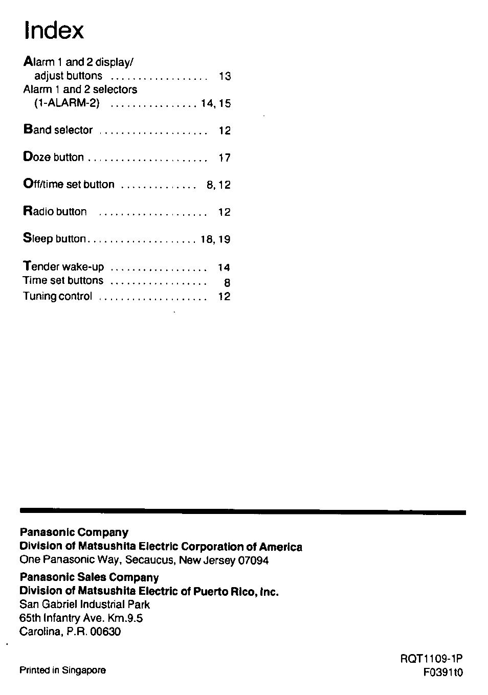 Index | Panasonic RC6099 User Manual | Page 20 / 20