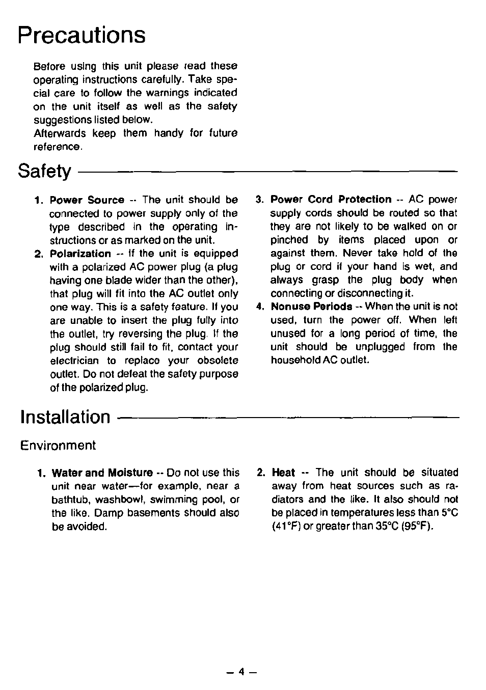 Precautions, Safety, Installation | Environment | Panasonic RC6099 User Manual | Page 4 / 20