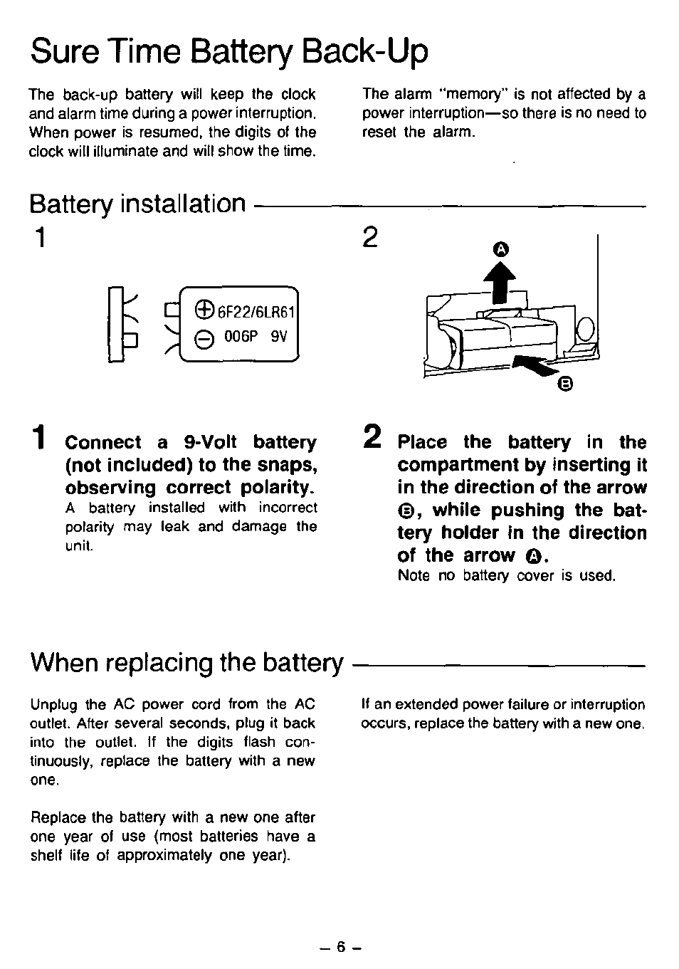 Sure time battery back-up, Battery installation, When replacing the battery | Panasonic RC6099 User Manual | Page 6 / 20