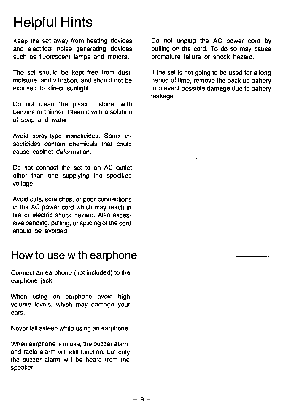 Helpful hints, How to use with earphone | Panasonic RC6099 User Manual | Page 9 / 20