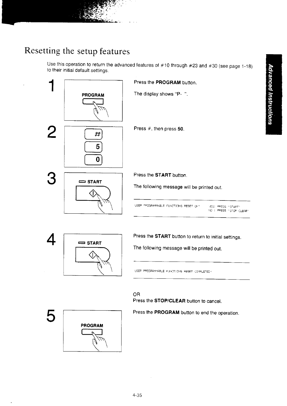 Resetting the setup features, Resetting the setup features -35 | Panasonic KX-F2350NZ User Manual | Page 101 / 129