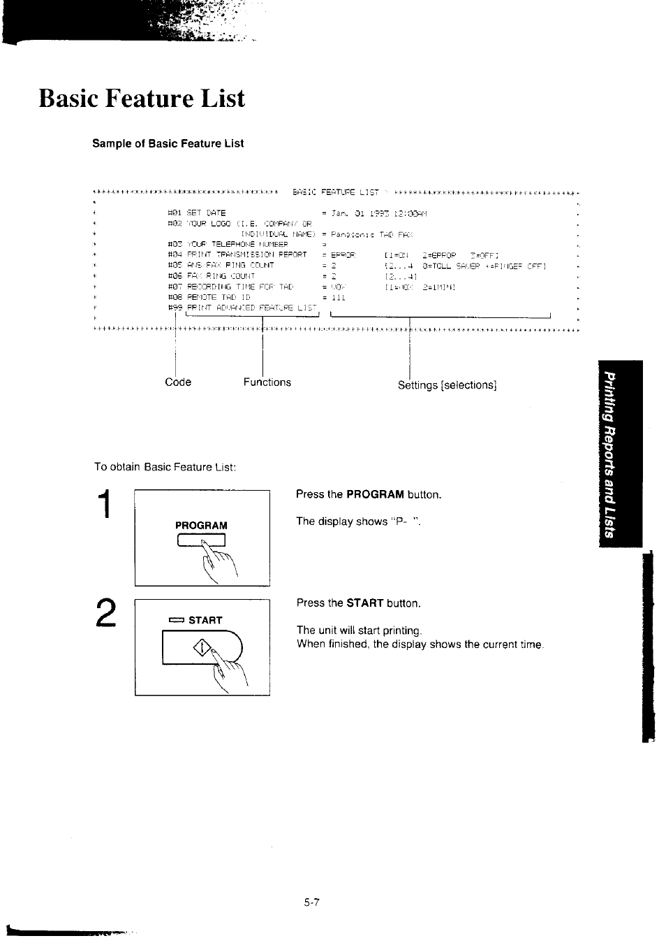 Basic feature list, Sample of basic feature list, Basic feature list -7 | Panasonic KX-F2350NZ User Manual | Page 109 / 129