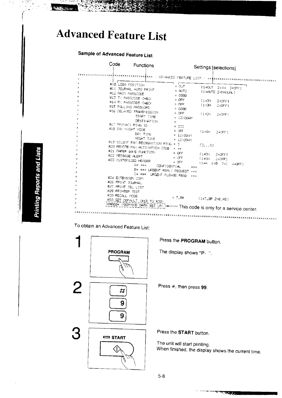 Advanced feature list, Sample of advanced feature list, Advanced feature list -8 | Panasonic KX-F2350NZ User Manual | Page 110 / 129