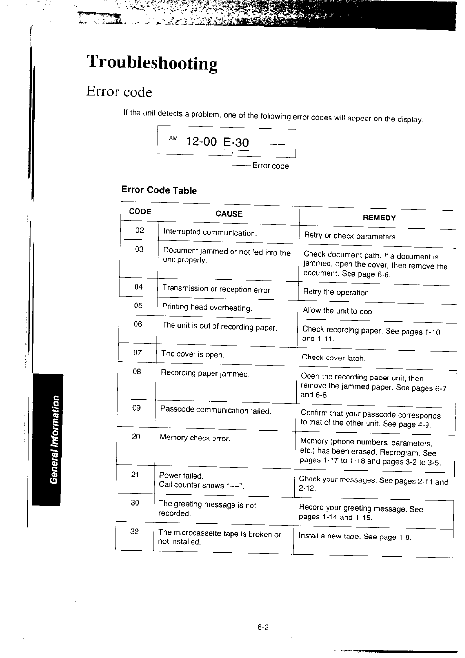 Error code, 00 e-30, Error code table | Error code -2, T roubleshooting | Panasonic KX-F2350NZ User Manual | Page 112 / 129