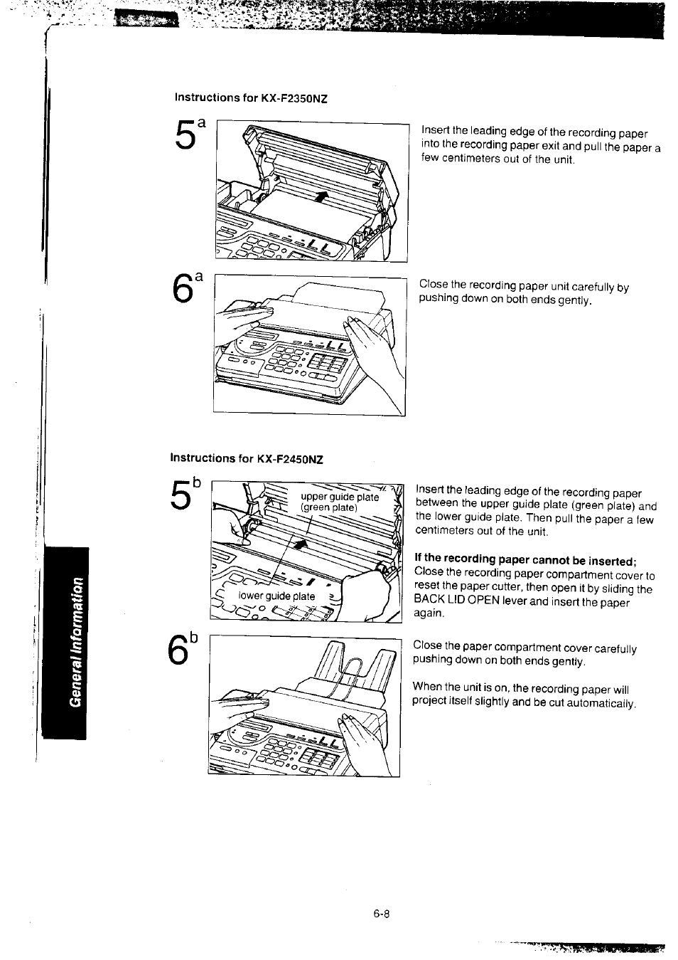 Instructions for kx-f2350nz, Instructions for kx-f2450nz, If the recording paper cannot be inserted | Panasonic KX-F2350NZ User Manual | Page 118 / 129