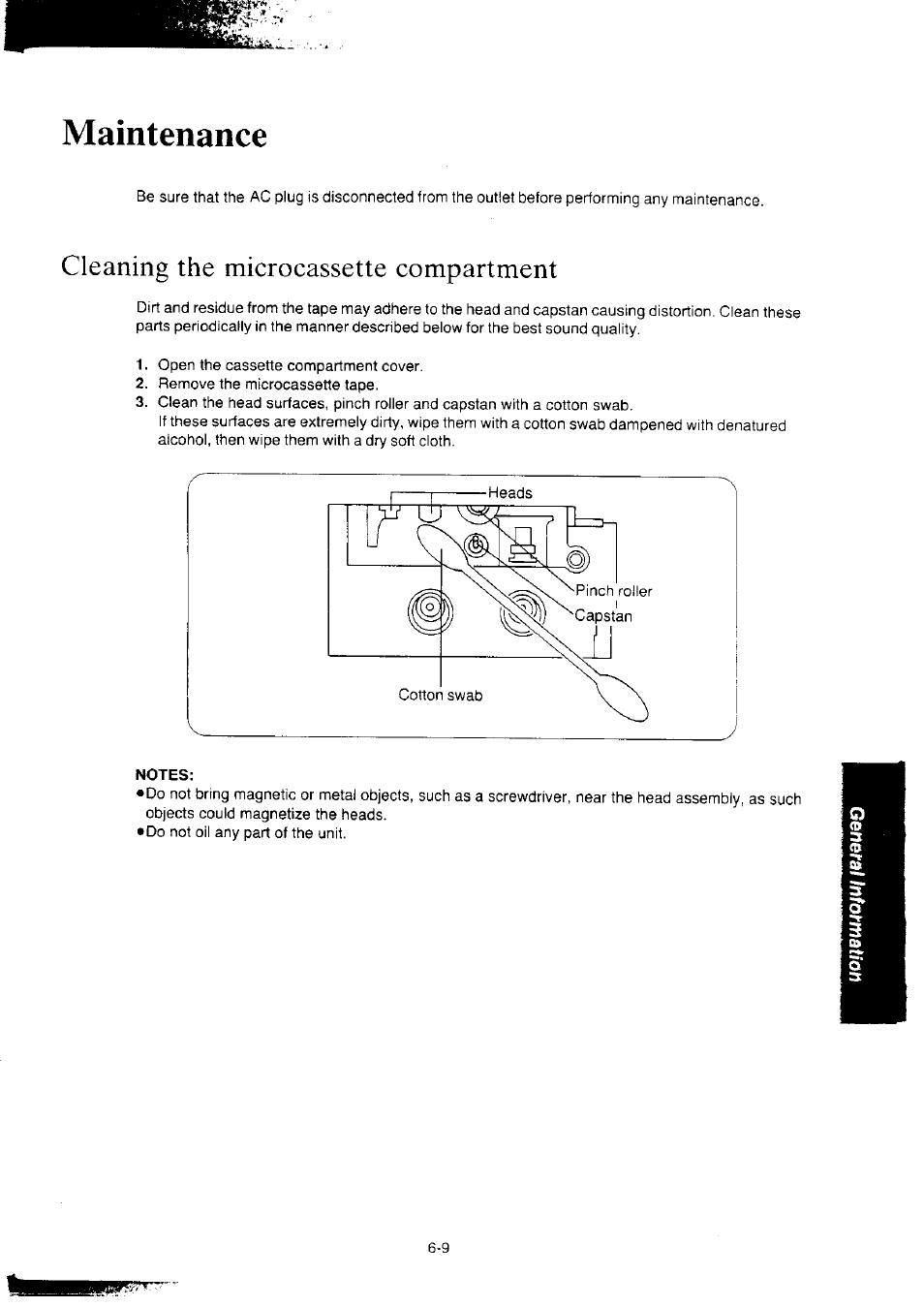 Maintenance, Cleaning the microcassette compartment, Notes | Maintenance -9, Cleaning the microcassette compartment -9 | Panasonic KX-F2350NZ User Manual | Page 119 / 129