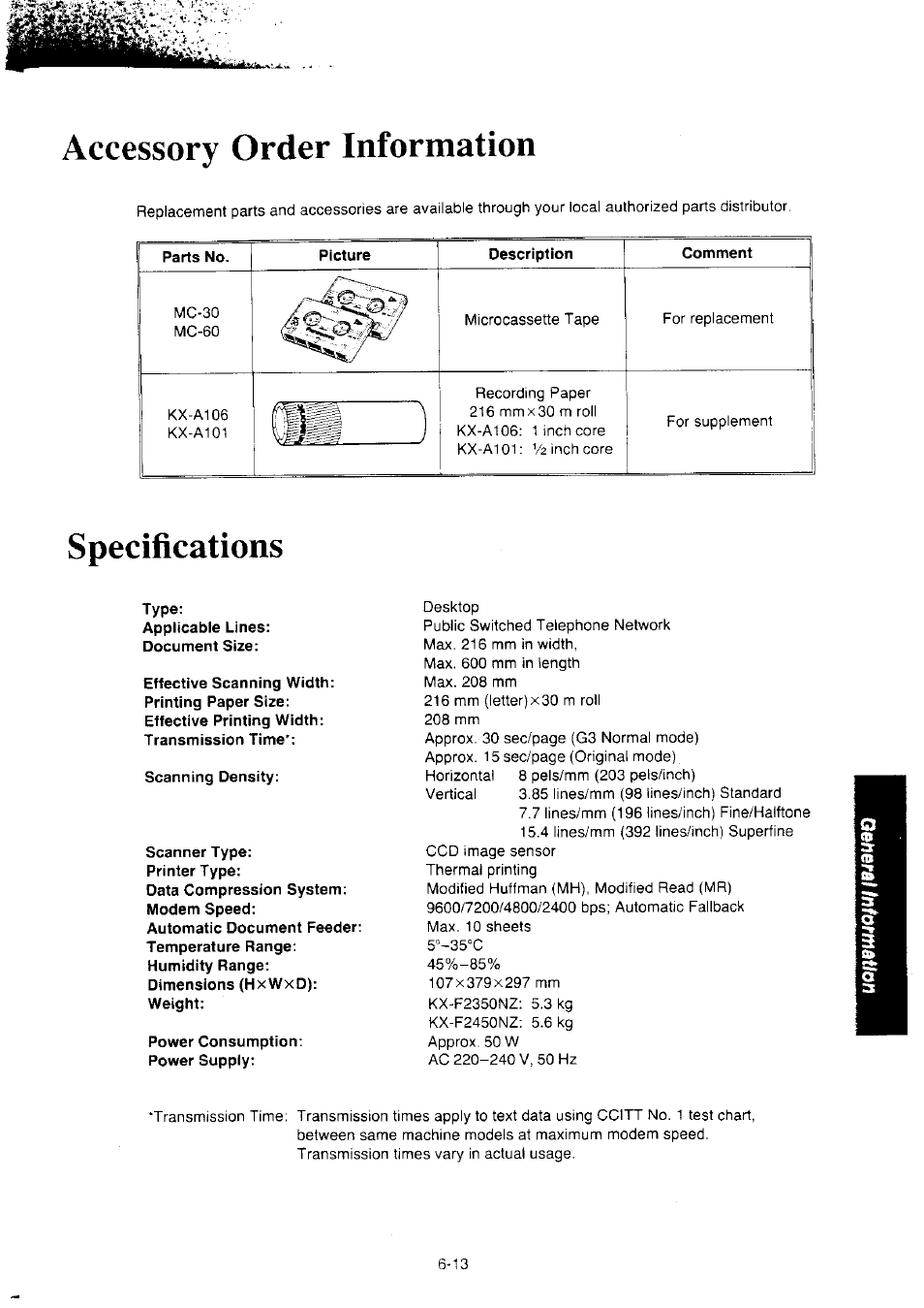 Accessory order information, Specifications | Panasonic KX-F2350NZ User Manual | Page 123 / 129