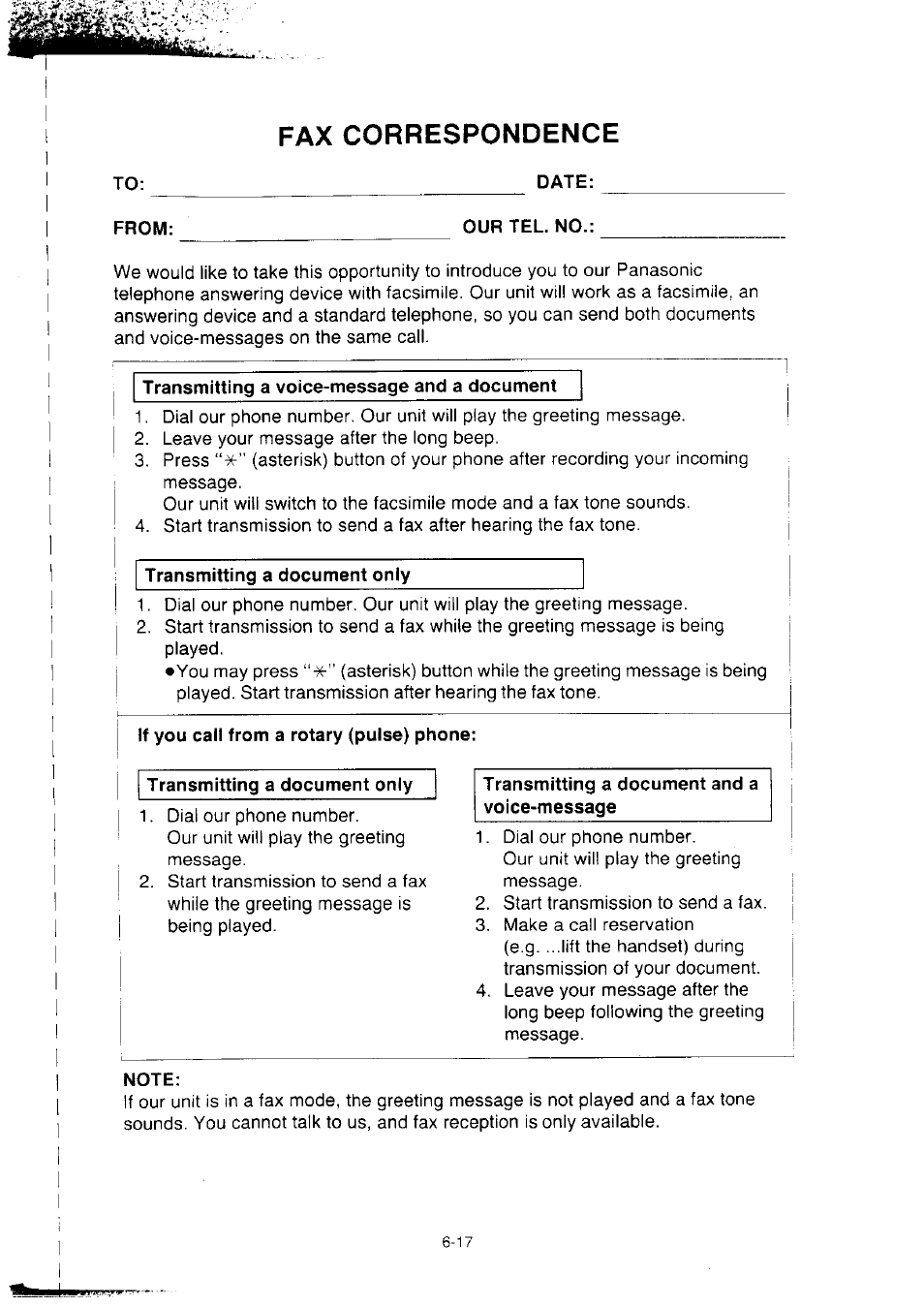 Date, Our tel. no, Transmitting a voice-message and a document | Transmitting a document only, If you call from a rotary (pulse) phone, Note, Transmitting documents -4, Fax correspondence | Panasonic KX-F2350NZ User Manual | Page 127 / 129