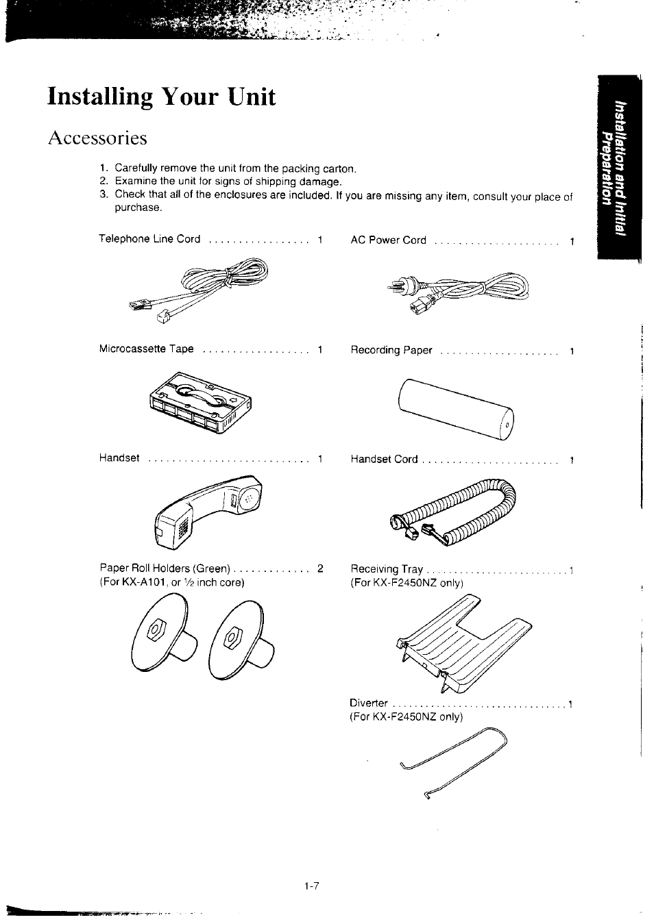 Accessories, Accessories -7, Installing your unit | Panasonic KX-F2350NZ User Manual | Page 15 / 129