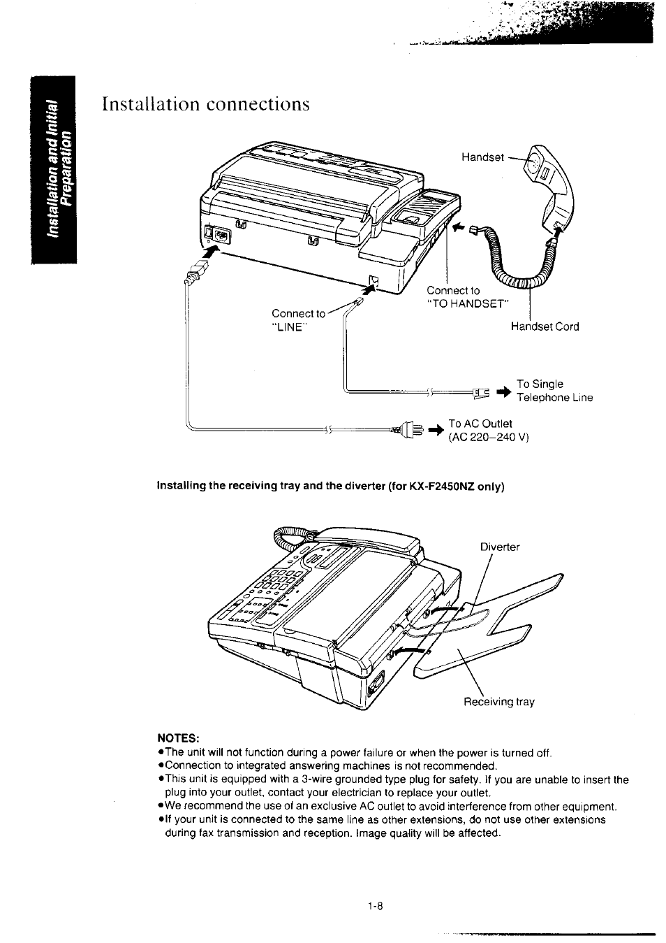 Installation connections, Notes | Panasonic KX-F2350NZ User Manual | Page 16 / 129