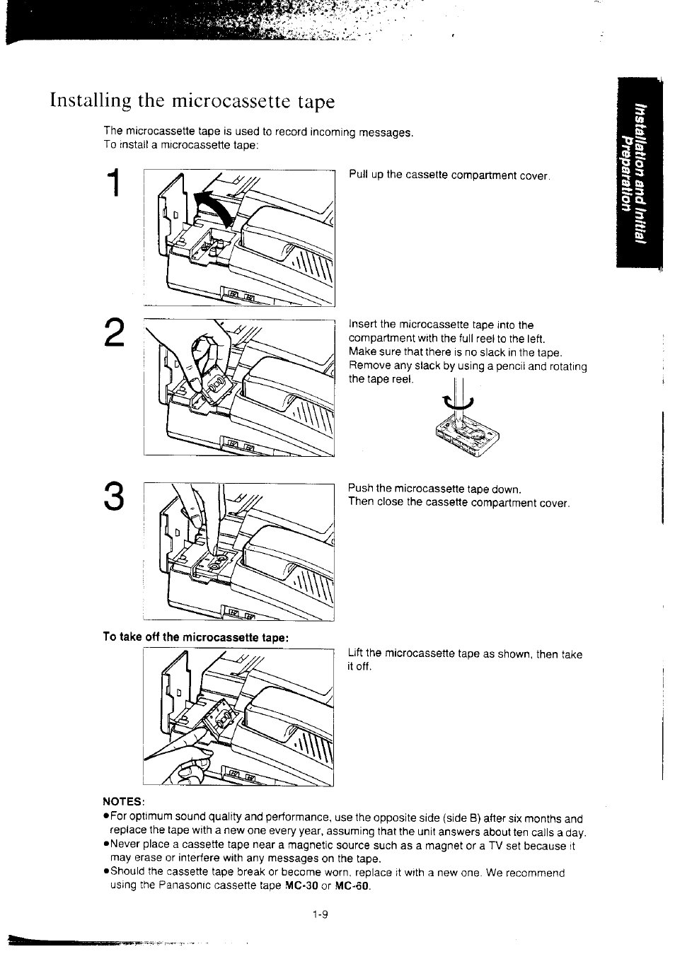 Installing the microcassette tape, Notes, Installing the microcassette tape -9 | Panasonic KX-F2350NZ User Manual | Page 17 / 129