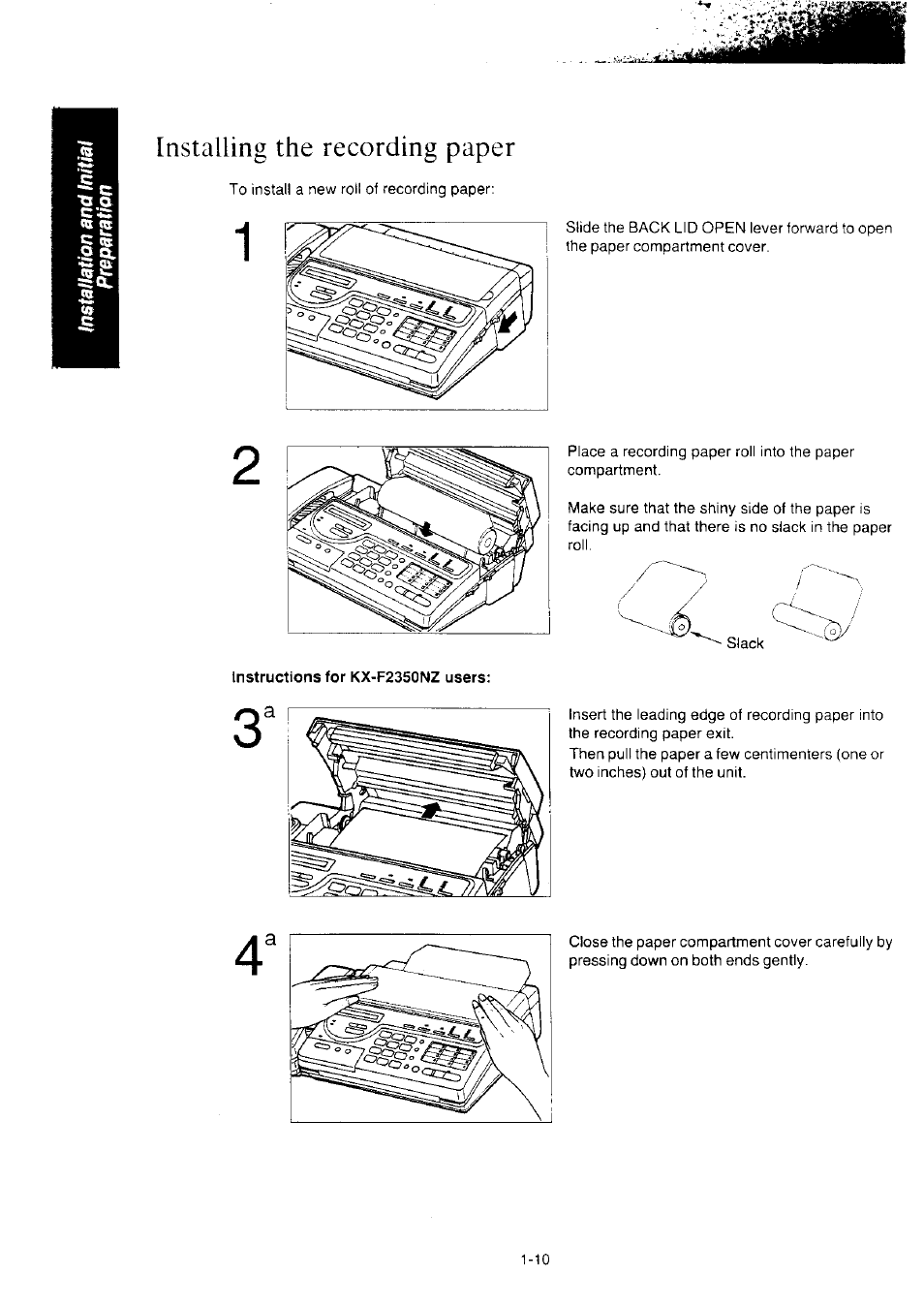 Installing the recording paper, Instructions for kx-f2350nz users, Installing the recording paper -10 | Panasonic KX-F2350NZ User Manual | Page 18 / 129