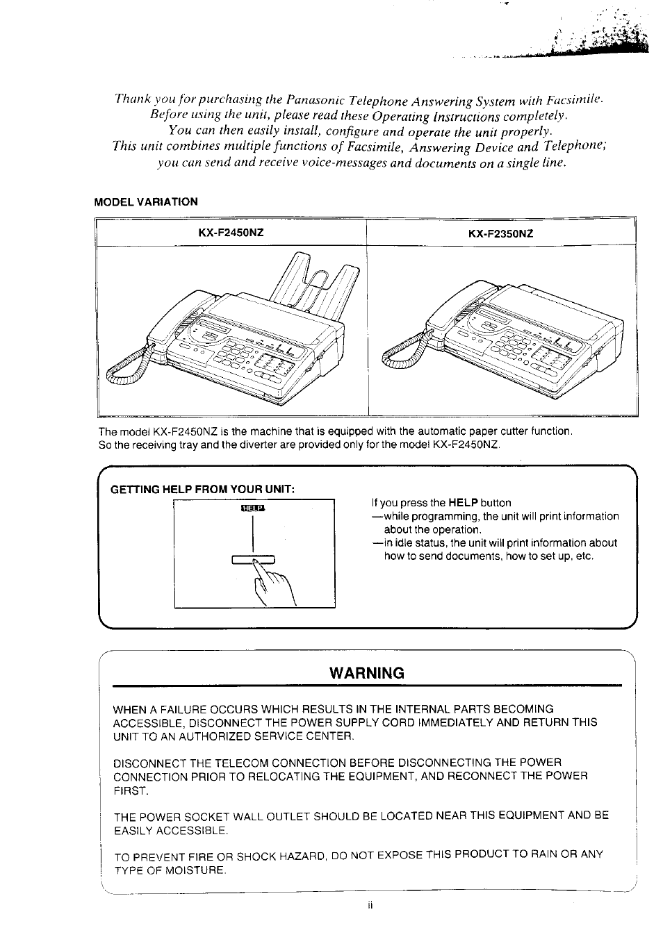 Warning | Panasonic KX-F2350NZ User Manual | Page 2 / 129