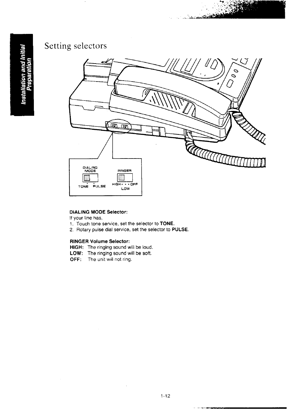 Setting selectors, Dialing mode selector, Ringer volume selector | Setting selectors -12 | Panasonic KX-F2350NZ User Manual | Page 20 / 129