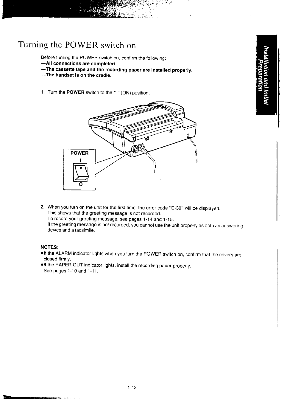 Turning the power switch on, Notes, Turning the power switch on -13 | Panasonic KX-F2350NZ User Manual | Page 21 / 129