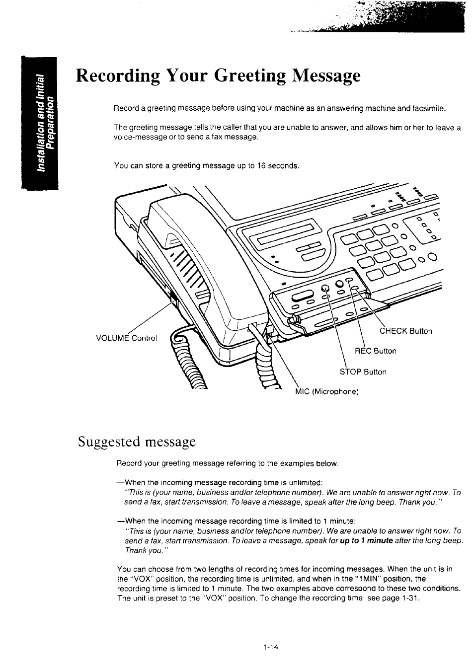 Recording your greeting message, Suggested message, Recording your greeting message -14 | Suggested message -14 | Panasonic KX-F2350NZ User Manual | Page 22 / 129