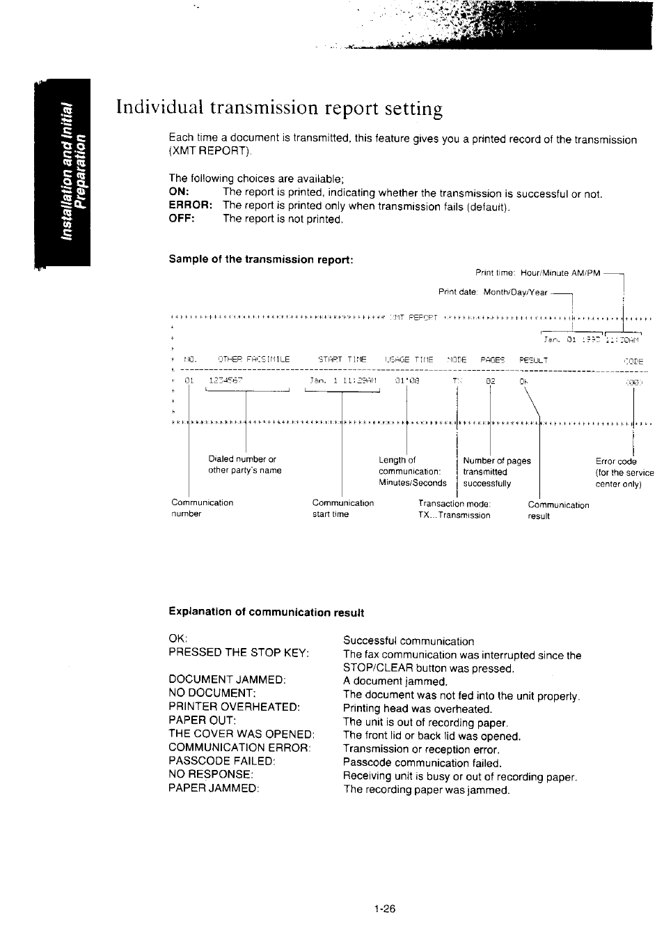 Individual transmission report setting, Explanation of communication result, Individual transmission report setting -26 | Panasonic KX-F2350NZ User Manual | Page 34 / 129