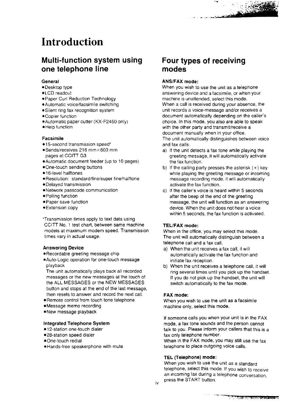 Introduction, General, Facsimile | Integrated telephone system, Ans/fax mode, Tel/fax mode, Fax mode, Tel (telephone) mode, Multi-function system using one telephone line, Four types of receiving modes | Panasonic KX-F2350NZ User Manual | Page 4 / 129