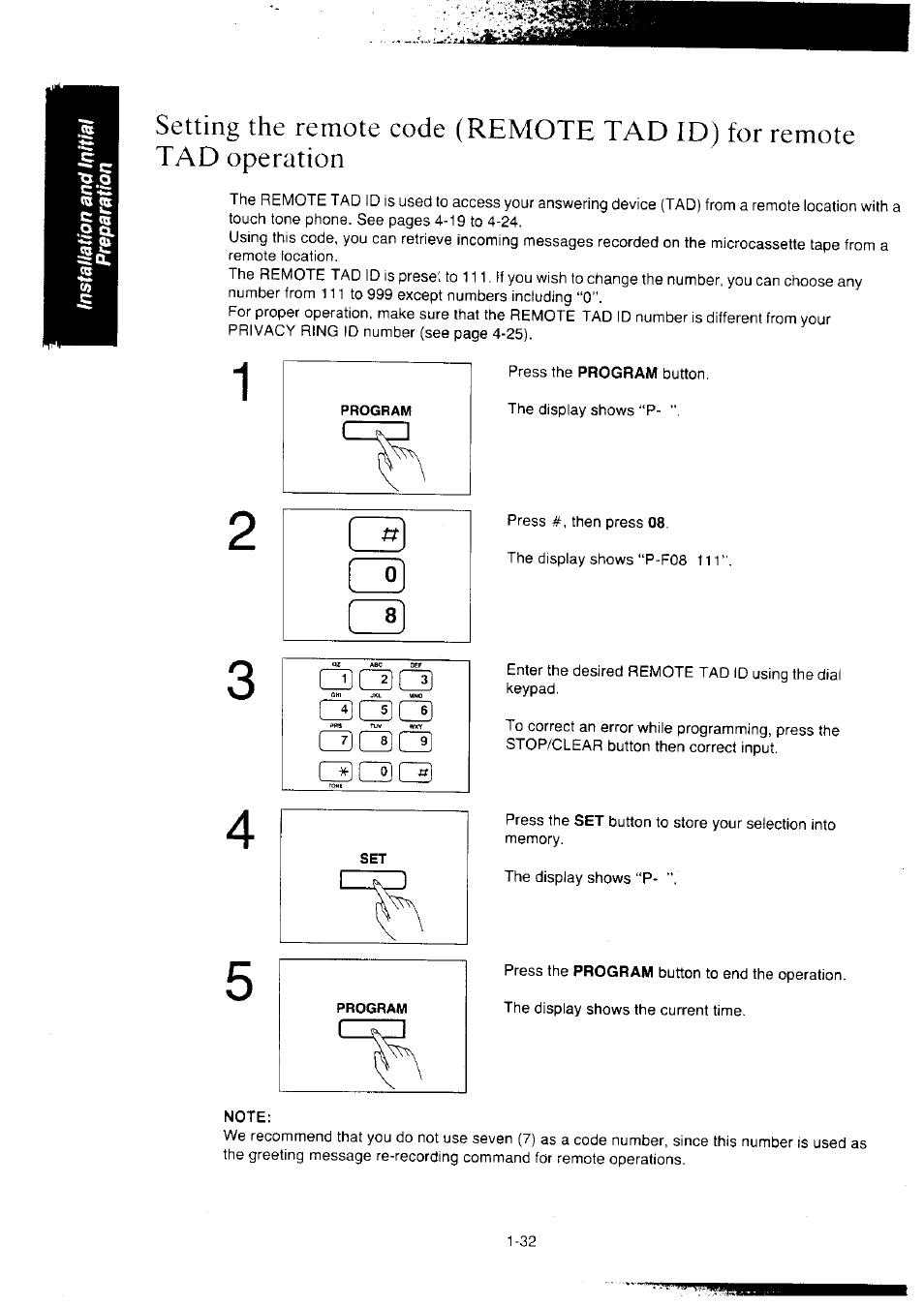 Qc3c3, Note, Setting the remote code (remote tad id) for remote | Tad operation -32, Сзсзсз, C3qci] qc3c3 | Panasonic KX-F2350NZ User Manual | Page 40 / 129