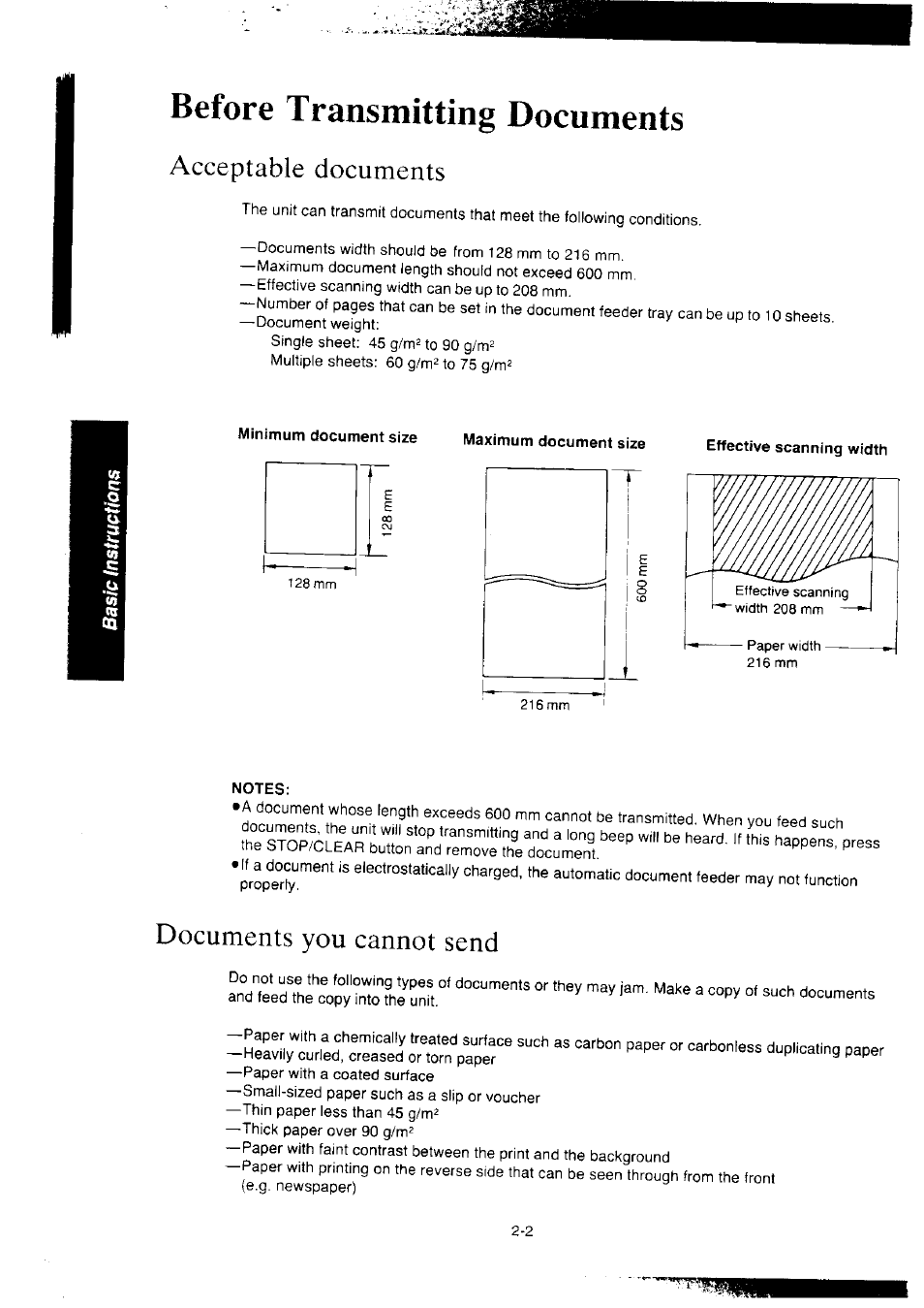 Acceptable documents, Minimum document size, Notes | Documents you cannot send, Acceptable documents -2, Documents you cannot send -2, Before transmitting documents | Panasonic KX-F2350NZ User Manual | Page 44 / 129