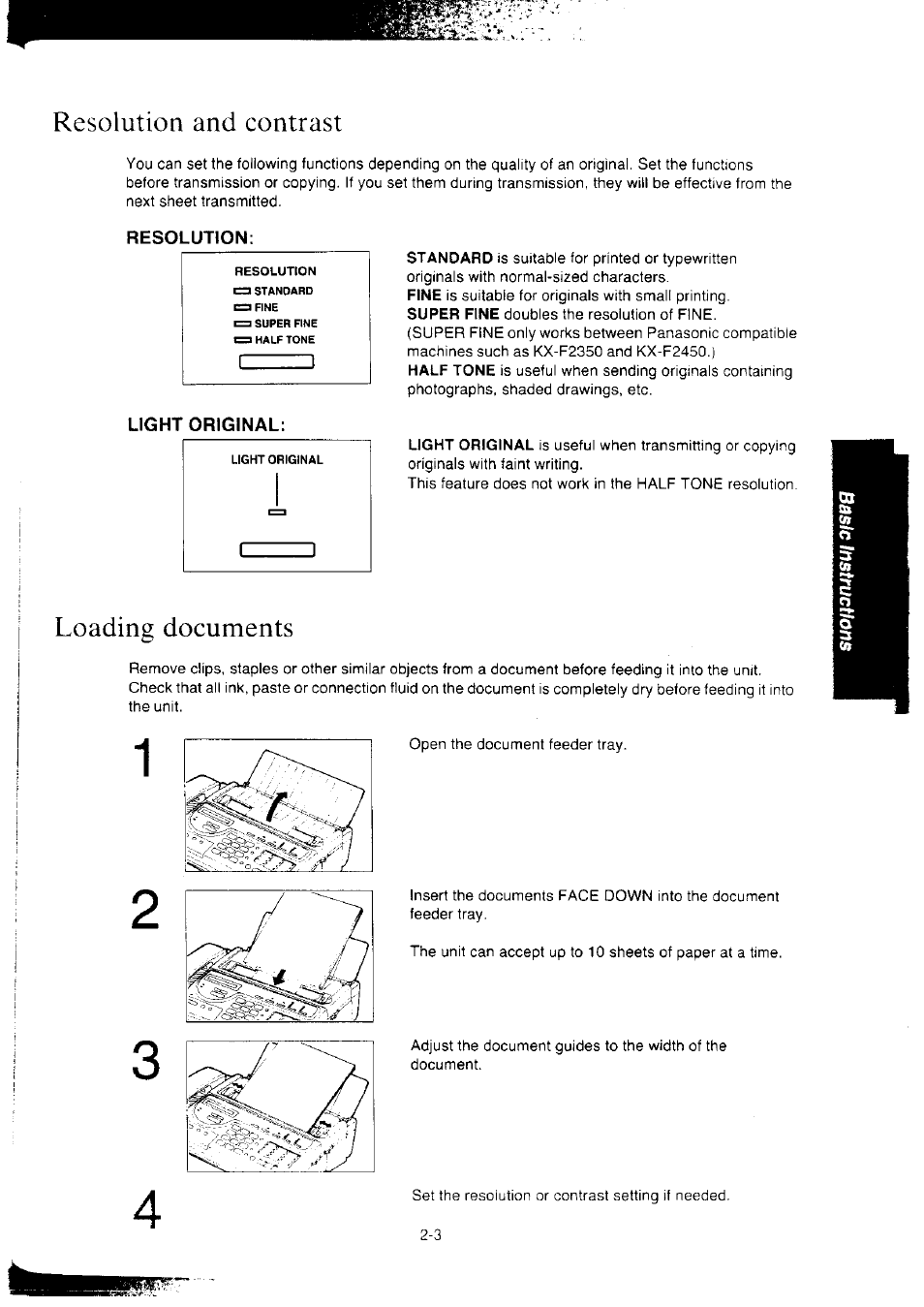 Resolution and contrast, Resolution, Light original | Loading documents, Resolution and contrast -3, Loading documents -3 | Panasonic KX-F2350NZ User Manual | Page 45 / 129