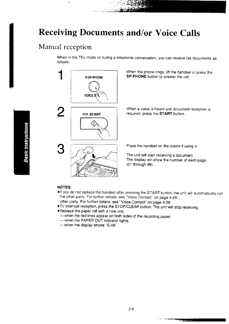 Receiving documents and/or voice calls, Manual reception, Notes | Receiving documents and/or voice calls -6, Manual reception -6 | Panasonic KX-F2350NZ User Manual | Page 48 / 129