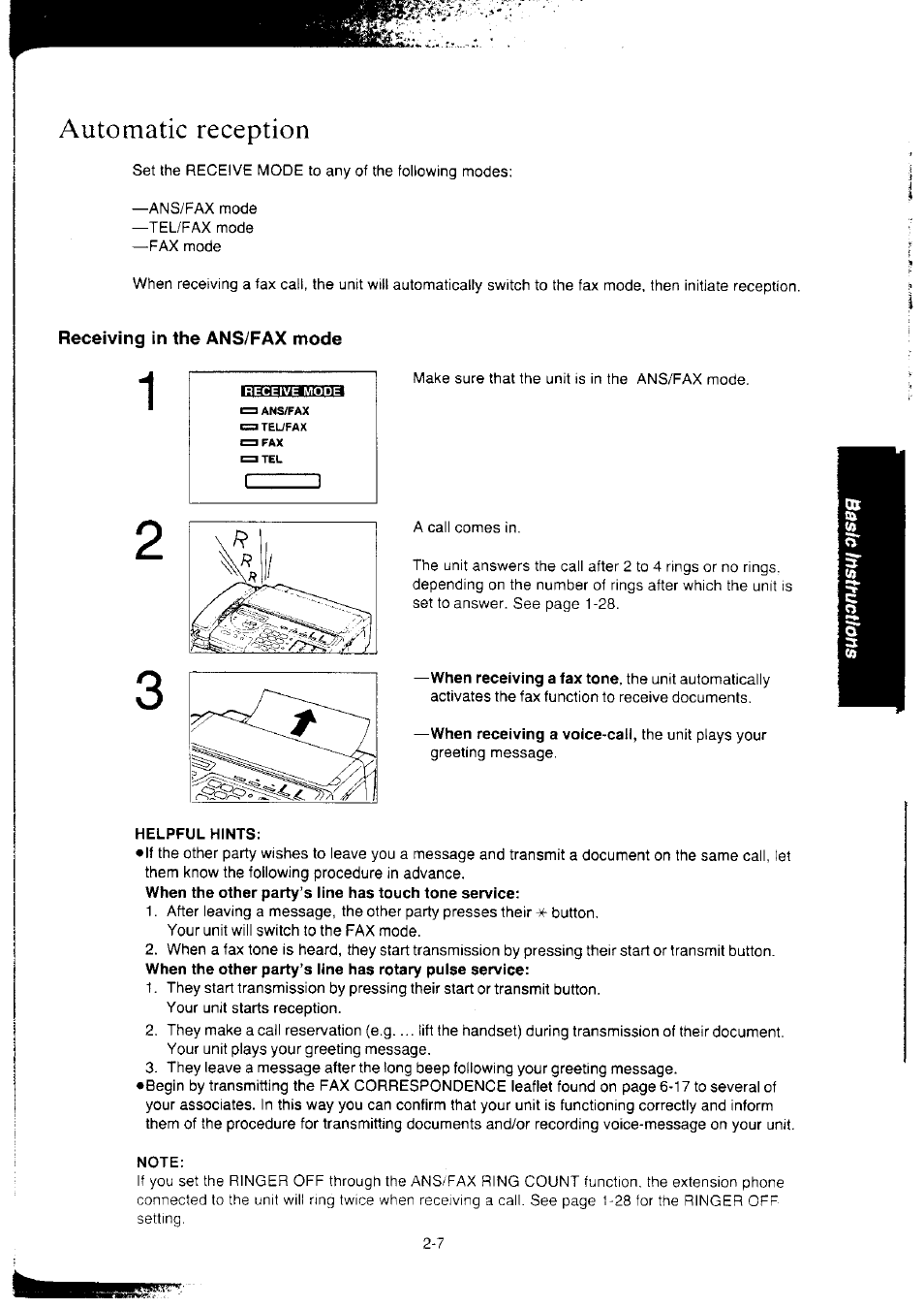 Automatic reception, Receiving in the ans/fax mode, Helpful hints | Note, Automatic reception -7, Receiving in the ans/fax mode -7 | Panasonic KX-F2350NZ User Manual | Page 49 / 129