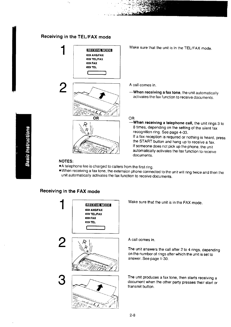 Receiving in the tel/fax mode, Notes, Receiving in the fax mode | Panasonic KX-F2350NZ User Manual | Page 50 / 129