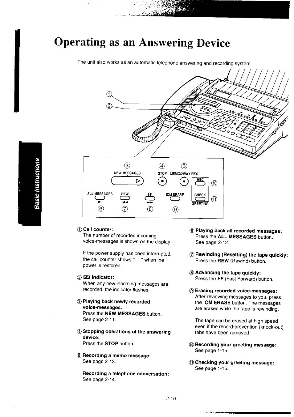 Operating as an answering device, Call counter, 2) es indicator | Playing back newly recorded voice-messages, Stopping operations of the answering device, Recording a memo message, Recording a telephone conversation, Playing back all recorded messages, Rewinding (resetting) the tape quickly, 8) advancing the tape quickly | Panasonic KX-F2350NZ User Manual | Page 52 / 129