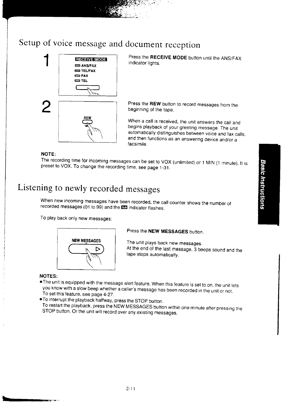 Setup of voice message and document reception, Note, Listening to newly recorded messages | Notes | Panasonic KX-F2350NZ User Manual | Page 53 / 129