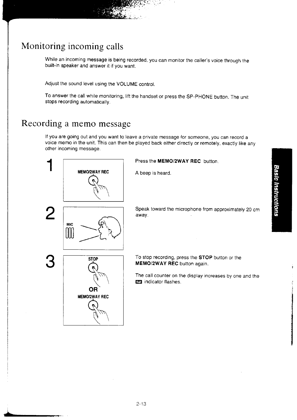Monitoring incoming calls, Recording a memo message | Panasonic KX-F2350NZ User Manual | Page 55 / 129