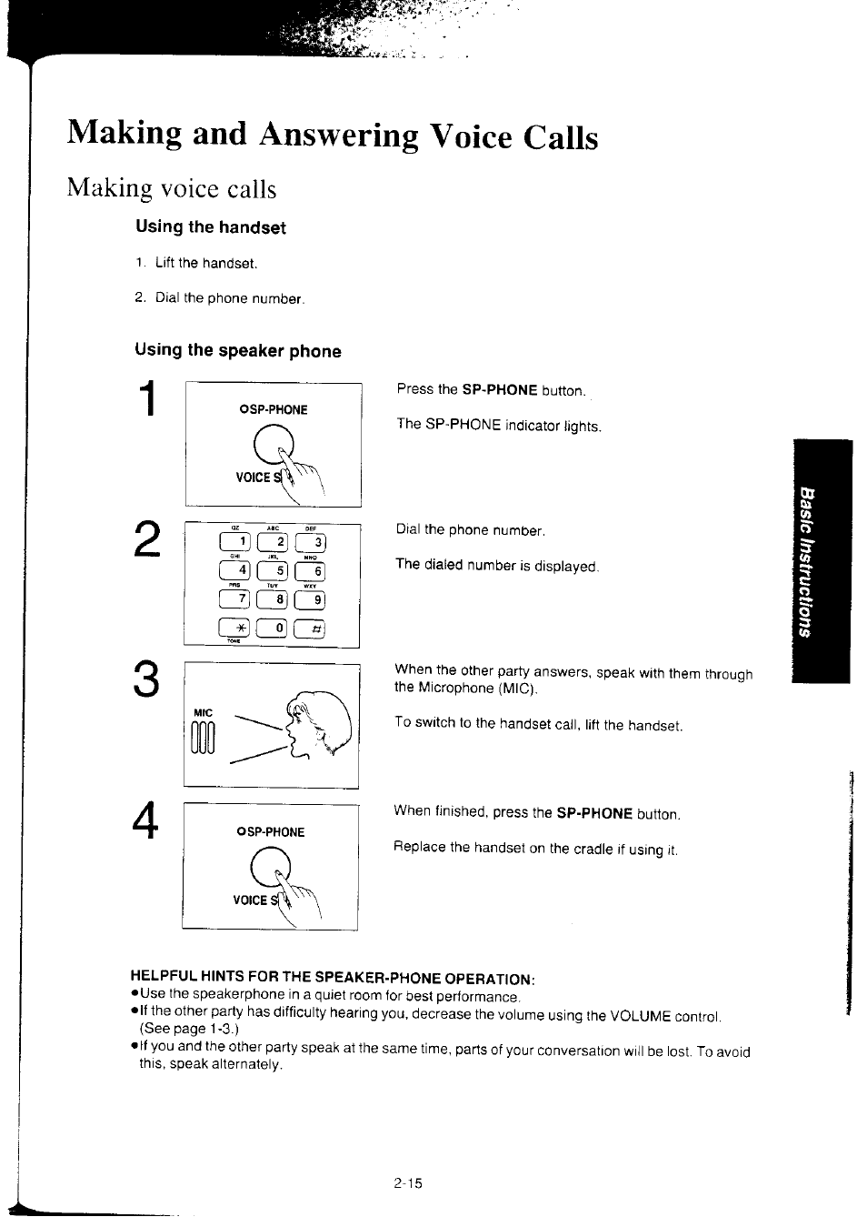 Making and answering voice calls, Making voice calls, Using the handset | Using the speaker phone, Helpful hints for the speaker-phone operation, Making and answering voice calls -15, Making voice calls -15 | Panasonic KX-F2350NZ User Manual | Page 57 / 129