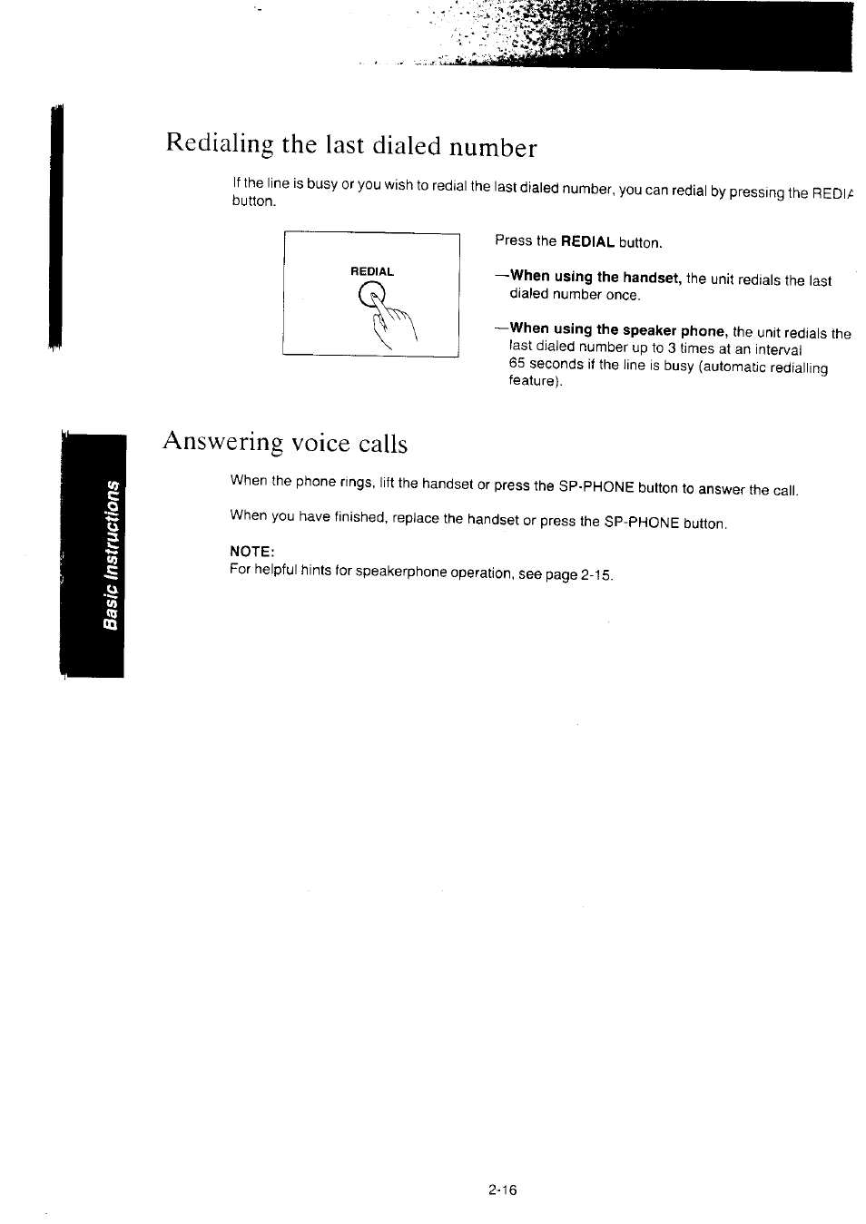 Redialing the last dialed number, Answering voice calls, Note | Redialing the last dialed number -16, Answering voice calls -16 | Panasonic KX-F2350NZ User Manual | Page 58 / 129