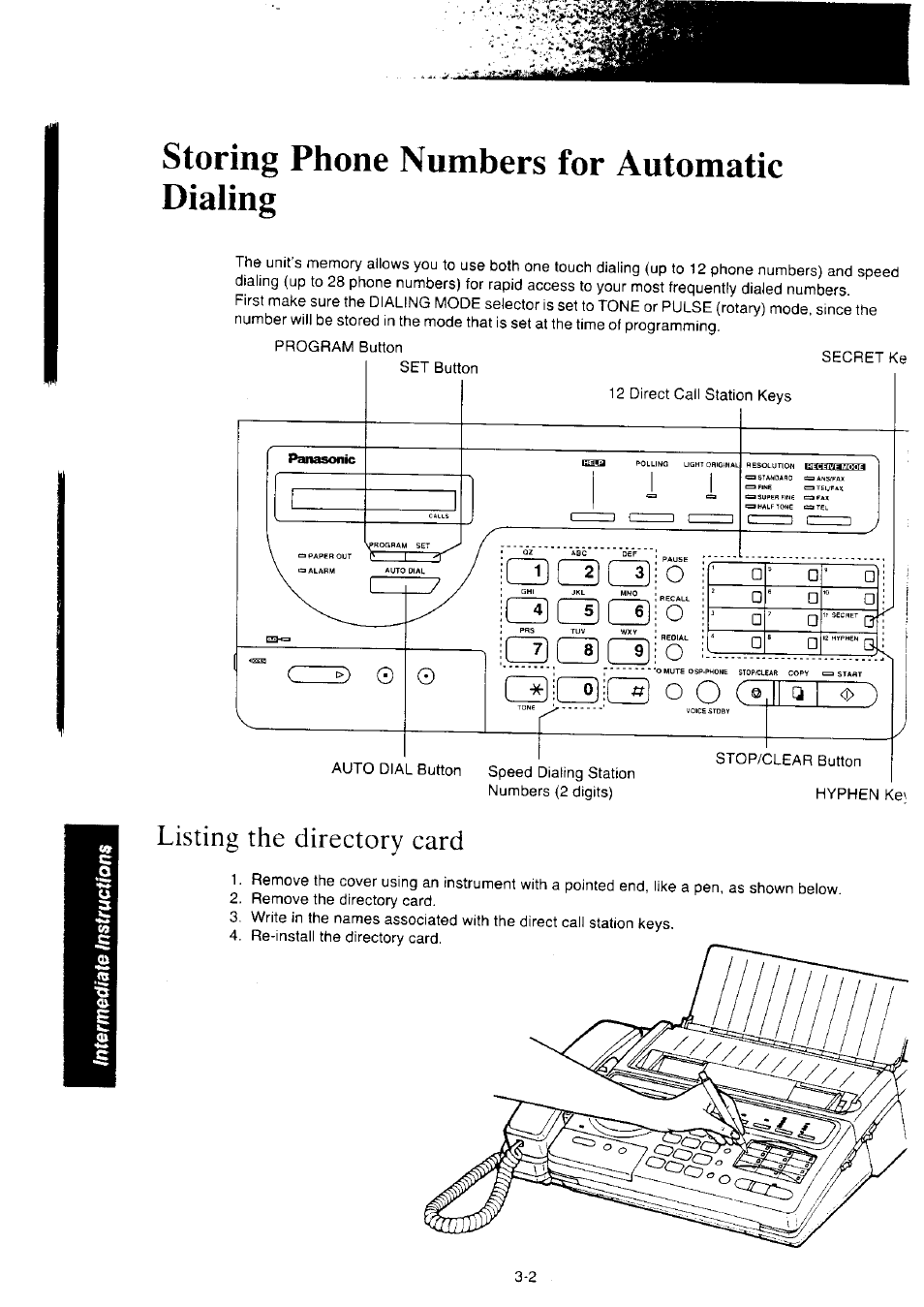 Listing the directory card, Listing the directory card -2, Storing phone numbers for automatic dialing | Panasonic KX-F2350NZ User Manual | Page 60 / 129