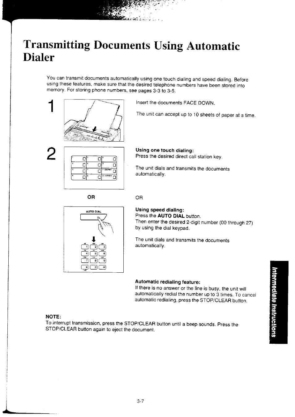 Using one touch dialing, Using speed dialing, Automatic redialing feature | Note, Transmitting documents using automatic dialer | Panasonic KX-F2350NZ User Manual | Page 65 / 129