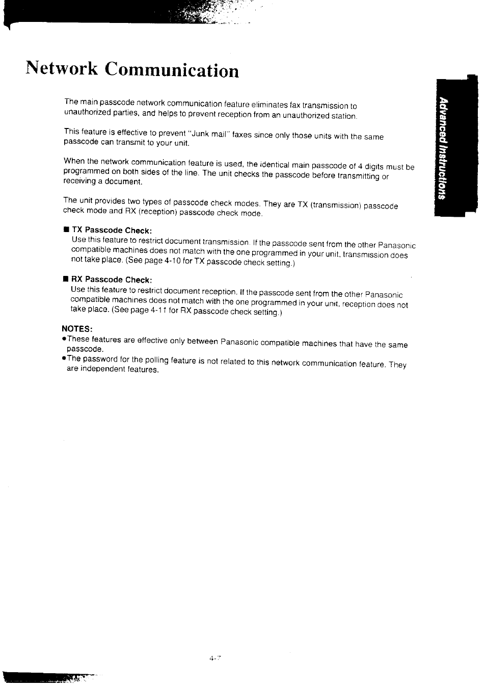 Network communication, A tx passcode check, Rx passcode check | Notes | Panasonic KX-F2350NZ User Manual | Page 73 / 129