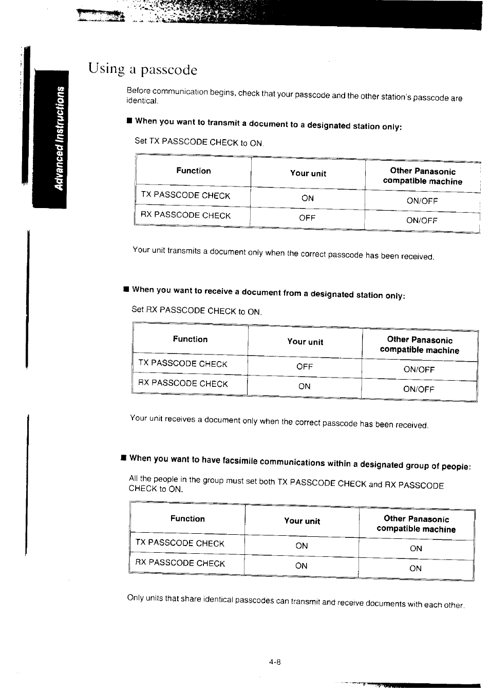 Using a passcode, Using a passcode -8 | Panasonic KX-F2350NZ User Manual | Page 74 / 129