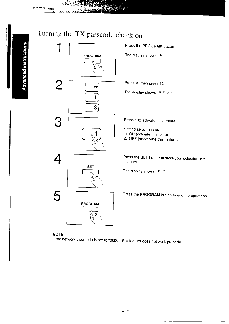 Turning the tx passcode check on, Note, Turning the tx passcode check on -10 | Panasonic KX-F2350NZ User Manual | Page 76 / 129