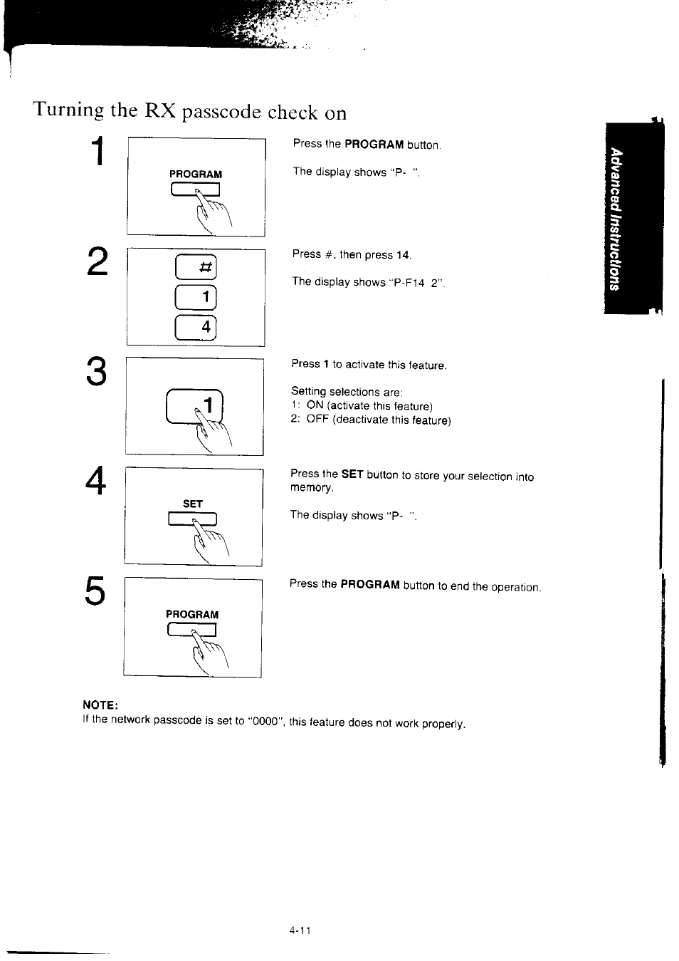 Turning the rx passcode check on, Note, Turning the rx passcode check on -11 | Panasonic KX-F2350NZ User Manual | Page 77 / 129