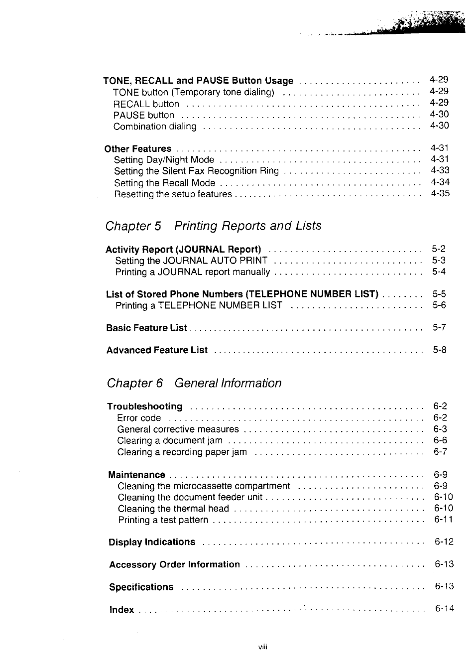 Chapter 5 printing reports and lists, Chapter 6 general information | Panasonic KX-F2350NZ User Manual | Page 8 / 129