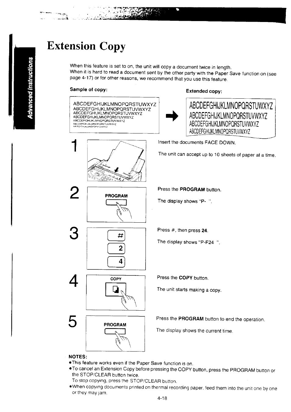 Extension copy, Sample of copy, Abcdefghijklmnopqrstuvwxyz | Notes, Abcdefghijklmnopqrstuwxyz | Panasonic KX-F2350NZ User Manual | Page 84 / 129